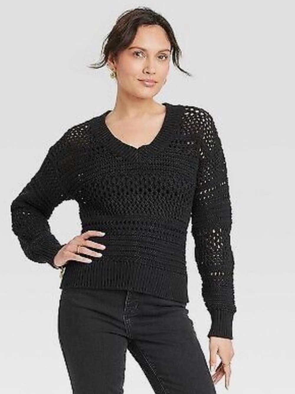 Universal Thread Open Knit V-Neck Sweater, Size L, Black, EUC